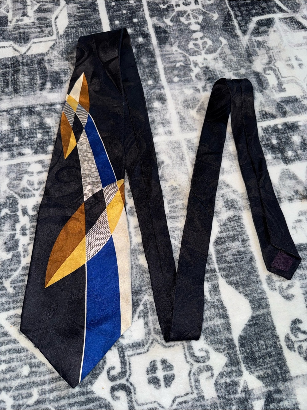 Adolfo Black Tie with Blue and Gold Geometric Accents